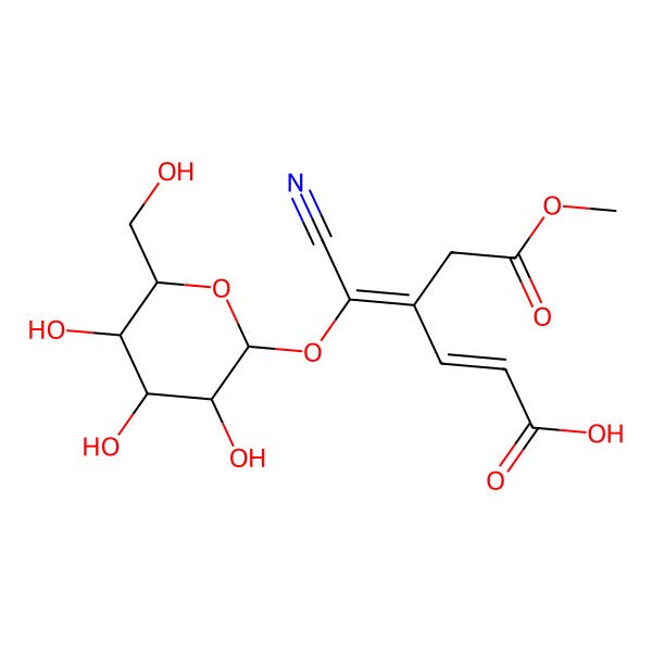 2D Structure of (E,4Z)-4-[cyano-[(2R,3R,4R,5S,6S)-3,4,5-trihydroxy-6-(hydroxymethyl)oxan-2-yl]oxymethylidene]-6-methoxy-6-oxohex-2-enoic acid