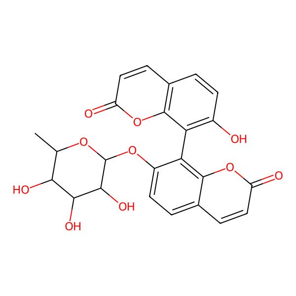 2D Structure of 7-hydroxy-8-[2-oxo-7-[(2R,3R,4R,5R,6S)-3,4,5-trihydroxy-6-methyloxan-2-yl]oxychromen-8-yl]chromen-2-one