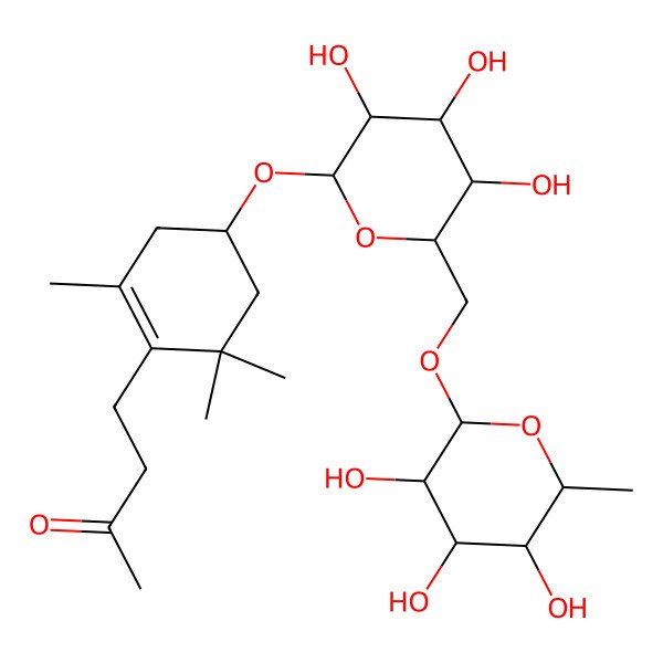 2D Structure of 4-[(4R)-2,6,6-trimethyl-4-[(2R,3R,4S,5S,6R)-3,4,5-trihydroxy-6-[[(2R,3R,4R,5R,6S)-3,4,5-trihydroxy-6-methyloxan-2-yl]oxymethyl]oxan-2-yl]oxycyclohexen-1-yl]butan-2-one