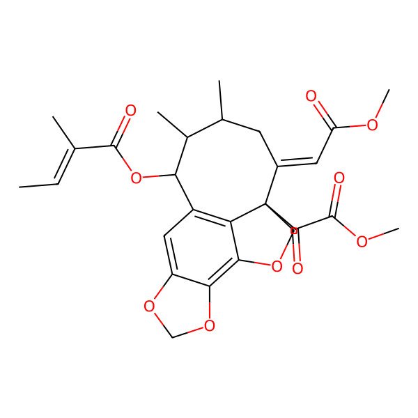 2D Structure of [4-(2-Methoxy-2-oxoacetyl)-5-(2-methoxy-2-oxoethylidene)-7,8-dimethyl-2,13,15-trioxatetracyclo[8.6.1.04,17.012,16]heptadeca-1(17),10,12(16)-trien-9-yl] 2-methylbut-2-enoate