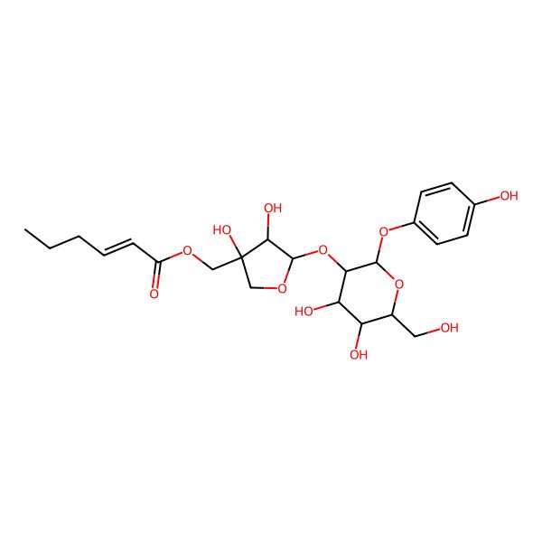 2D Structure of [(3R,4S,5R)-5-[(2R,3S,4R,5R,6S)-4,5-dihydroxy-6-(hydroxymethyl)-2-(4-hydroxyphenoxy)oxan-3-yl]oxy-3,4-dihydroxyoxolan-3-yl]methyl (E)-hex-2-enoate