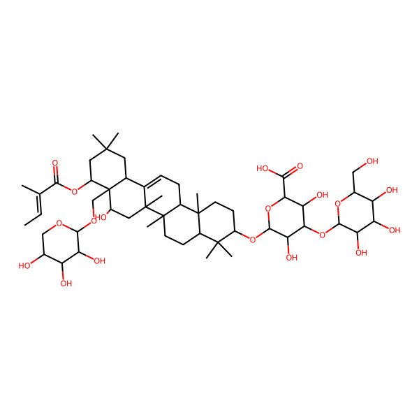 2D Structure of (2S,3S,4S,5R,6R)-6-[[(3S,4aR,6aR,6bS,8S,8aR,9S,12aS,14aR,14bR)-8-hydroxy-4,4,6a,6b,11,11,14b-heptamethyl-9-[(E)-2-methylbut-2-enoyl]oxy-8a-[[(2R,3R,4S,5R)-3,4,5-trihydroxyoxan-2-yl]oxymethyl]-1,2,3,4a,5,6,7,8,9,10,12,12a,14,14a-tetradecahydropicen-3-yl]oxy]-3,5-dihydroxy-4-[(2S,3R,4S,5S,6R)-3,4,5-trihydroxy-6-(hydroxymethyl)oxan-2-yl]oxyoxane-2-carboxylic acid