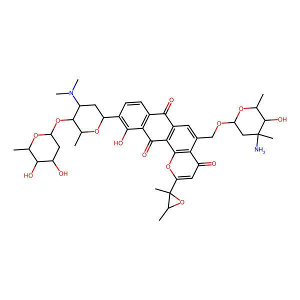 2D Structure of 5-[(4-Amino-5-hydroxy-4,6-dimethyloxan-2-yl)oxymethyl]-10-[5-(4,5-dihydroxy-6-methyloxan-2-yl)oxy-4-(dimethylamino)-6-methyloxan-2-yl]-2-(2,3-dimethyloxiran-2-yl)-11-hydroxynaphtho[2,3-h]chromene-4,7,12-trione