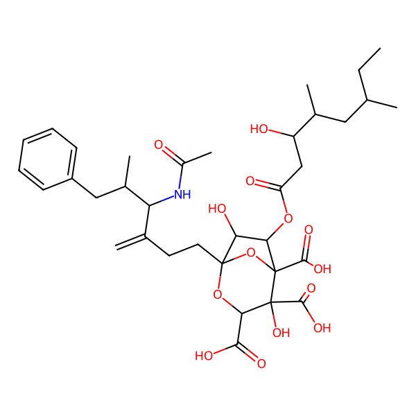 2D Structure of 1-(4-Acetamido-5-methyl-3-methylidene-6-phenylhexyl)-4,7-dihydroxy-6-(3-hydroxy-4,6-dimethyloctanoyl)oxy-2,8-dioxabicyclo[3.2.1]octane-3,4,5-tricarboxylic acid
