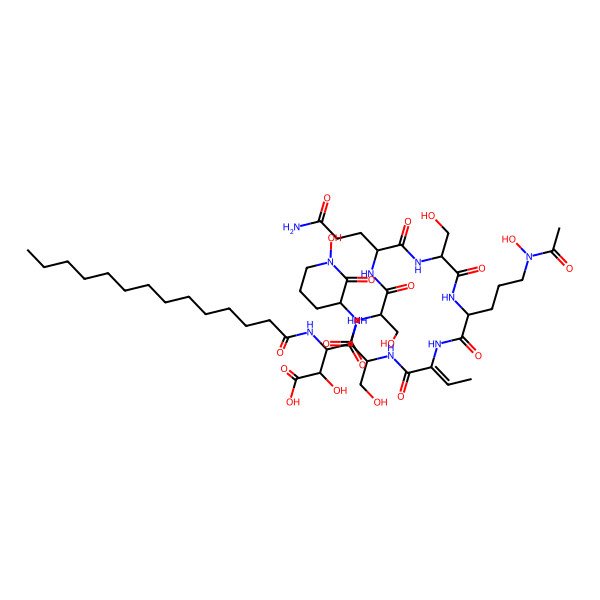 2D Structure of 4-[[1-[[1-[[1-[[5-[Acetyl(hydroxy)amino]-1-[[1-[[3-hydroxy-1-[(1-hydroxy-2-oxopiperidin-3-yl)amino]-1-oxopropan-2-yl]amino]-1-oxobut-2-en-2-yl]amino]-1-oxopentan-2-yl]amino]-3-hydroxy-1-oxopropan-2-yl]amino]-5-amino-1,5-dioxopentan-2-yl]amino]-3-hydroxy-1-oxopropan-2-yl]amino]-2-hydroxy-4-oxo-3-(tetradecanoylamino)butanoic acid