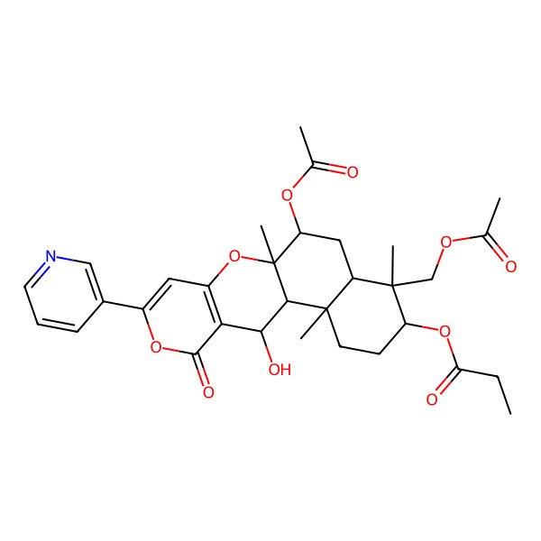 2D Structure of [9-Acetyloxy-6-(acetyloxymethyl)-18-hydroxy-2,6,10-trimethyl-16-oxo-14-pyridin-3-yl-11,15-dioxatetracyclo[8.8.0.02,7.012,17]octadeca-12(17),13-dien-5-yl] propanoate