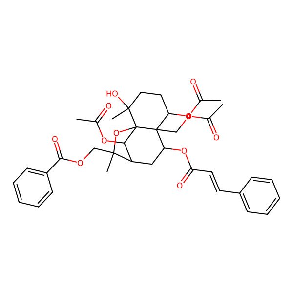 2D Structure of [(1S,2S,5S,6S,7S,9R,12R)-5,12-diacetyloxy-6-(acetyloxymethyl)-2-hydroxy-2,10-dimethyl-7-[(E)-3-phenylprop-2-enoyl]oxy-11-oxatricyclo[7.2.1.01,6]dodecan-10-yl]methyl benzoate