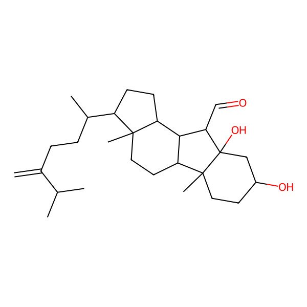 2D Structure of (3R,3aR,5aS,5bR,8S,9aR,10R,10aS,10bS)-3-[(1R)-1,5-dimethyl-4-methylene-hexyl]-8,9a-dihydroxy-3a,5b-dimethyl-2,3,4,5,5a,6,7,8,9,10,10a,10b-dodecahydro-1H-cyclopenta[a]fluorene-10-carbaldehyde
