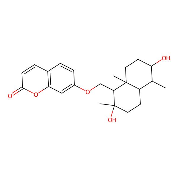 2D Structure of 7-[[(1R,2S,4aR,5S,6S,8aR)-2,6-dihydroxy-2,5,8a-trimethyl-1,3,4,4a,5,6,7,8-octahydronaphthalen-1-yl]methoxy]chromen-2-one