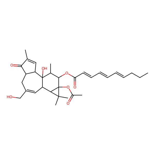 2D Structure of [13-Acetyloxy-1-hydroxy-8-(hydroxymethyl)-4,12,12,15-tetramethyl-5-oxo-14-tetracyclo[8.5.0.02,6.011,13]pentadeca-3,8-dienyl] deca-2,4,6-trienoate