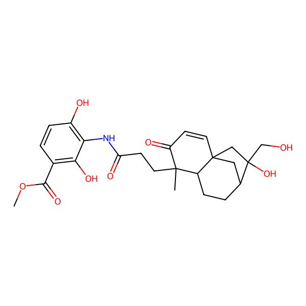 2D Structure of Methyl 2,4-dihydroxy-3-[3-[10-hydroxy-10-(hydroxymethyl)-5-methyl-4-oxo-5-tricyclo[7.2.1.01,6]dodec-2-enyl]propanoylamino]benzoate