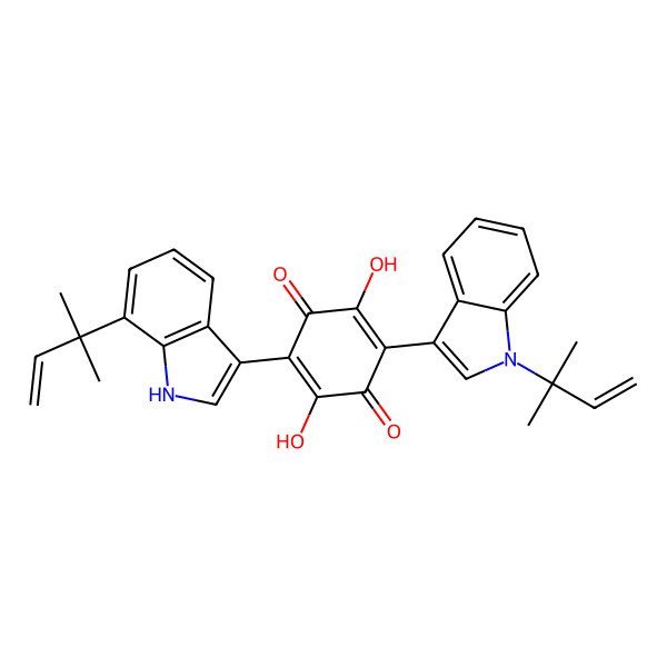 2D Structure of 2,5-dihydroxy-3-[1-(2-methylbut-3-en-2-yl)indol-3-yl]-6-[7-(2-methylbut-3-en-2-yl)-1H-indol-3-yl]cyclohexa-2,5-diene-1,4-dione