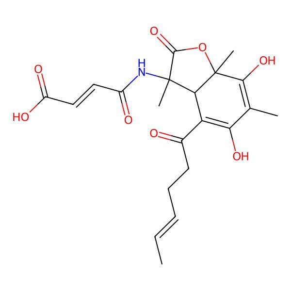 2D Structure of 4-[(4-hex-4-enoyl-5,7-dihydroxy-3,6,7a-trimethyl-2-oxo-3aH-1-benzofuran-3-yl)amino]-4-oxobut-2-enoic acid