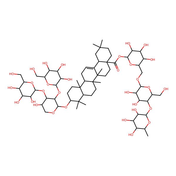 2D Structure of [(2S,3R,4S,5S,6R)-6-[[(2R,3R,4R,5S,6R)-3,4-dihydroxy-6-(hydroxymethyl)-5-[(2S,3R,4R,5R,6S)-3,4,5-trihydroxy-6-methyloxan-2-yl]oxyoxan-2-yl]oxymethyl]-3,4,5-trihydroxyoxan-2-yl] (4aS,6aR,6aS,6bR,8aR,10S,12aR,14bS)-10-[(2S,3R,4S,5S)-5-hydroxy-3,4-bis[[(2S,3R,4S,5S,6R)-3,4,5-trihydroxy-6-(hydroxymethyl)oxan-2-yl]oxy]oxan-2-yl]oxy-2,2,6a,6b,9,9,12a-heptamethyl-1,3,4,5,6,6a,7,8,8a,10,11,12,13,14b-tetradecahydropicene-4a-carboxylate