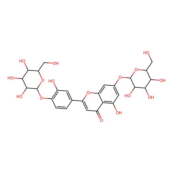 2D Structure of 5-hydroxy-2-[3-hydroxy-4-[(2S,3R,4S,5S,6R)-3,4,5-trihydroxy-6-(hydroxymethyl)oxan-2-yl]oxyphenyl]-7-[(2S,3R,4S,5S,6S)-3,4,5-trihydroxy-6-(hydroxymethyl)oxan-2-yl]oxychromen-4-one
