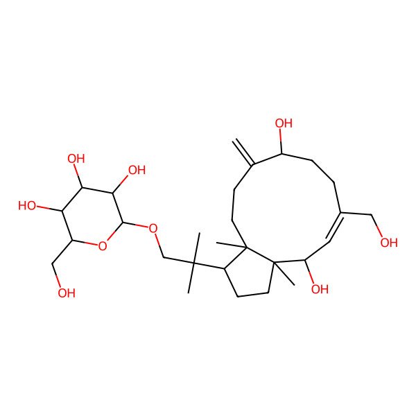 2D Structure of (3R,4S,5S,6R)-2-[2-[(1R,3aS,4S,5Z,9R,12aS)-4,9-dihydroxy-6-(hydroxymethyl)-3a,12a-dimethyl-10-methylidene-2,3,4,7,8,9,11,12-octahydro-1H-cyclopenta[11]annulen-1-yl]-2-methylpropoxy]-6-(hydroxymethyl)oxane-3,4,5-triol