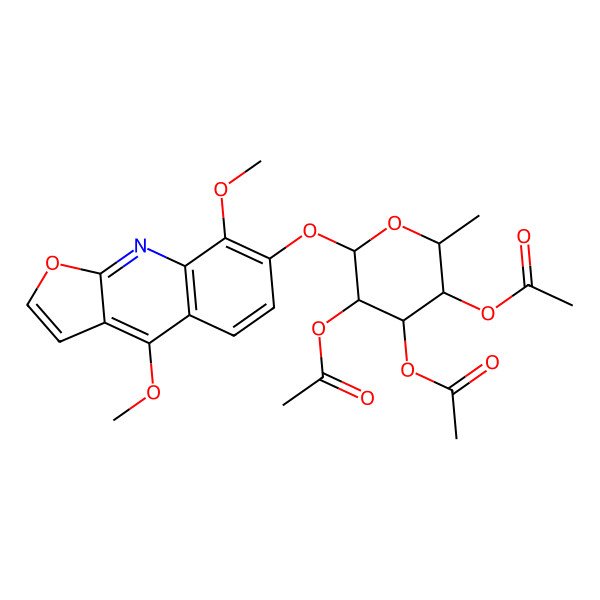 2D Structure of [(2R,3R,4S,5R,6S)-4,5-diacetyloxy-6-(4,8-dimethoxyfuro[2,3-b]quinolin-7-yl)oxy-2-methyloxan-3-yl] acetate