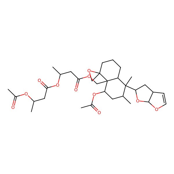 2D Structure of [4-[[8-(3a,4,5,6a-tetrahydrofuro[2,3-b]furan-5-yl)-5-acetyloxy-7,8-dimethylspiro[2,3,5,6,7,8a-hexahydro-1H-naphthalene-4,2'-oxirane]-4a-yl]methoxy]-4-oxobutan-2-yl] 3-acetyloxybutanoate