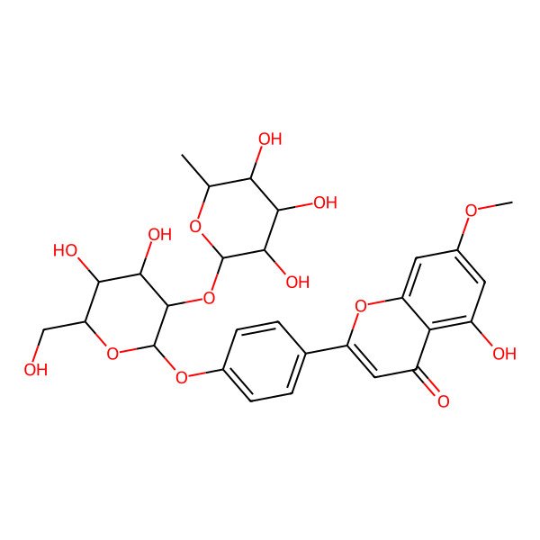 2D Structure of 2-[4-(2-O-alpha-L-Rhamnopyranosyl-beta-D-glucopyranosyloxy)phenyl]-5-hydroxy-7-methoxy-4H-1-benzopyran-4-one