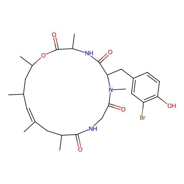 2D Structure of (3R,14E,16S,18R)-6-[(3-bromo-4-hydroxyphenyl)methyl]-3,7,12,14,16,18-hexamethyl-1-oxa-4,7,10-triazacyclooctadec-14-ene-2,5,8,11-tetrone