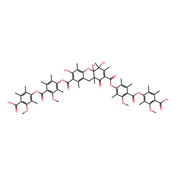 2D Structure of 4-[4-[7-[4-(4-carboxy-3-methoxy-2,5,6-trimethylphenoxy)carbonyl-3-methoxy-2,5,6-trimethylphenoxy]carbonyl-3,5,10a-trihydroxy-1,4,5,6,8a-pentamethyl-8-oxo-9H-xanthene-2-carbonyl]oxy-2-methoxy-3,5,6-trimethylbenzoyl]oxy-2-methoxy-3,5,6-trimethylbenzoic acid