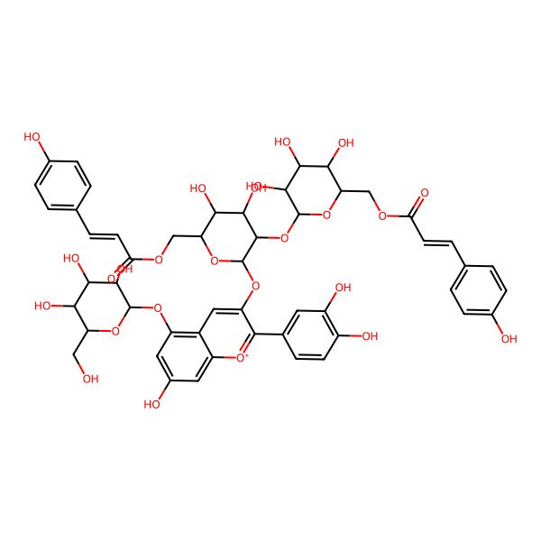 2D Structure of [(2R,3S,4S,5R,6S)-6-[(2S,3R,4S,5S,6R)-2-[2-(3,4-dihydroxyphenyl)-7-hydroxy-5-[(2S,3R,4S,5S,6R)-3,4,5-trihydroxy-6-(hydroxymethyl)oxan-2-yl]oxychromenylium-3-yl]oxy-4,5-dihydroxy-6-[3-(4-hydroxyphenyl)prop-2-enoyloxymethyl]oxan-3-yl]oxy-3,4,5-trihydroxyoxan-2-yl]methyl 3-(4-hydroxyphenyl)prop-2-enoate