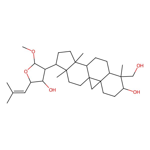 2D Structure of (2R,3S,4S,5R)-4-[(1S,3R,6S,7S,8R,11S,12S,15R,16R)-6-hydroxy-7-(hydroxymethyl)-7,12,16-trimethyl-15-pentacyclo[9.7.0.01,3.03,8.012,16]octadecanyl]-5-methoxy-2-(2-methylprop-1-enyl)oxolan-3-ol