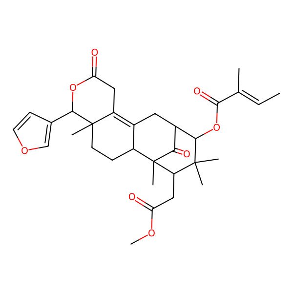 2D Structure of [6-(Furan-3-yl)-16-(2-methoxy-2-oxoethyl)-1,5,15,15-tetramethyl-8,17-dioxo-7-oxatetracyclo[11.3.1.02,11.05,10]heptadec-10-en-14-yl] 2-methylbut-2-enoate