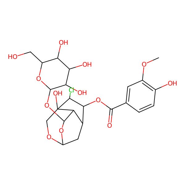 2D Structure of [(1R,4S,5R,6S,7R,8S,9S)-5-chloro-4-hydroxy-9-[(2S,3R,4S,5S,6R)-3,4,5-trihydroxy-6-(hydroxymethyl)oxan-2-yl]oxy-2,10-dioxatricyclo[5.3.1.04,8]undecan-6-yl] 4-hydroxy-3-methoxybenzoate