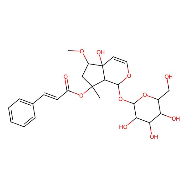 2D Structure of [4a-Hydroxy-5-methoxy-7-methyl-1-[3,4,5-trihydroxy-6-(hydroxymethyl)oxan-2-yl]oxy-1,5,6,7a-tetrahydrocyclopenta[c]pyran-7-yl] 3-phenylprop-2-enoate
