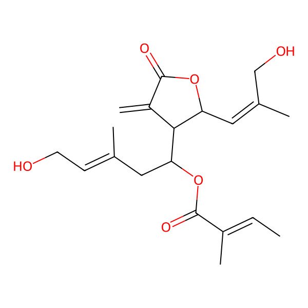 2D Structure of [(E,1R)-5-hydroxy-1-[(2S,3R)-2-[(E)-3-hydroxy-2-methylprop-1-enyl]-4-methylidene-5-oxooxolan-3-yl]-3-methylpent-3-enyl] (Z)-2-methylbut-2-enoate