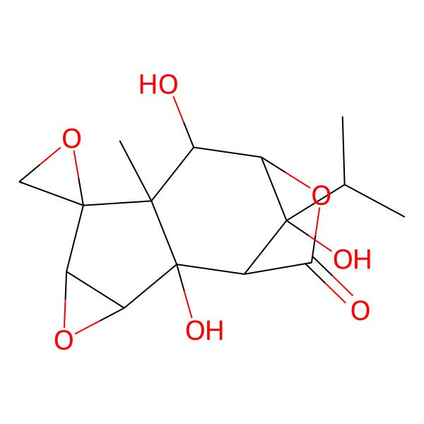 2D Structure of (1S,2R,3S,5R,6S,7R,8S,9S,12R)-2,8,12-trihydroxy-7-methyl-12-propan-2-ylspiro[4,10-dioxatetracyclo[7.2.1.02,7.03,5]dodecane-6,2'-oxirane]-11-one