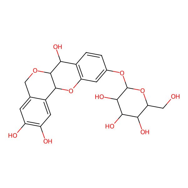 2D Structure of 10-[3,4,5-Trihydroxy-6-(hydroxymethyl)oxan-2-yl]oxy-5,6a,7,12a-tetrahydroisochromeno[4,3-b]chromene-2,3,7-triol