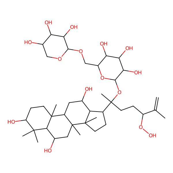 2D Structure of (2S,3R,4S,5S,6R)-2-[(2S,5S)-5-hydroperoxy-6-methyl-2-[(3S,5R,6S,8R,9R,10R,12R,13R,14R,17S)-3,6,12-trihydroxy-4,4,8,10,14-pentamethyl-2,3,5,6,7,9,11,12,13,15,16,17-dodecahydro-1H-cyclopenta[a]phenanthren-17-yl]hept-6-en-2-yl]oxy-6-[[(2S,3R,4S,5S)-3,4,5-trihydroxyoxan-2-yl]oxymethyl]oxane-3,4,5-triol