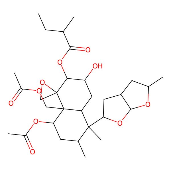 2D Structure of [(1R,2S,3R,4aR,5S,6R,8S,8aR)-5-[(2R,3aR,5S,6aS)-2-methyl-2,3,3a,4,5,6a-hexahydrofuro[2,3-b]furan-5-yl]-8-acetyloxy-8a-(acetyloxymethyl)-3-hydroxy-5,6-dimethylspiro[3,4,4a,6,7,8-hexahydro-2H-naphthalene-1,2'-oxirane]-2-yl] (2S)-2-methylbutanoate