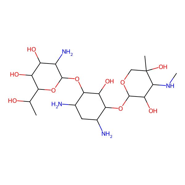 2D Structure of (2R,3S,4S,5S)-2-[(1S,2S,3R,4S,6R)-4,6-diamino-3-[(2S,3R,4R,5S,6R)-3-amino-4,5-dihydroxy-6-[(1R)-1-hydroxyethyl]oxan-2-yl]oxy-2-hydroxycyclohexyl]oxy-5-methyl-4-(methylamino)oxane-3,5-diol