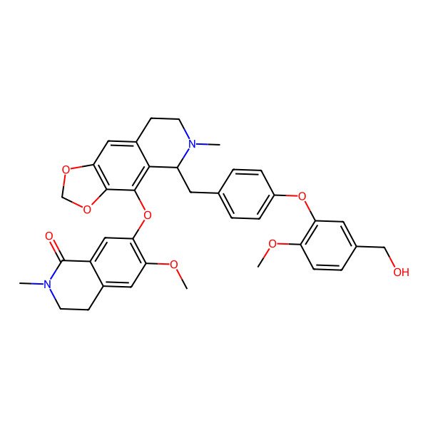 2D Structure of 7-[[(5S)-5-[[4-[5-(hydroxymethyl)-2-methoxyphenoxy]phenyl]methyl]-6-methyl-7,8-dihydro-5H-[1,3]dioxolo[4,5-g]isoquinolin-4-yl]oxy]-6-methoxy-2-methyl-3,4-dihydroisoquinolin-1-one