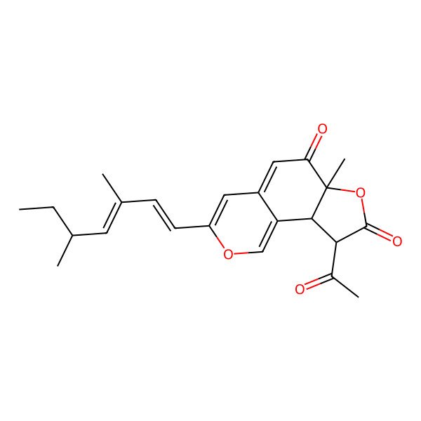 2D Structure of (6aR,9S,9aS)-9-acetyl-3-[(1E,3E,5S)-3,5-dimethylhepta-1,3-dienyl]-6a-methyl-9,9a-dihydrofuro[2,3-h]isochromene-6,8-dione