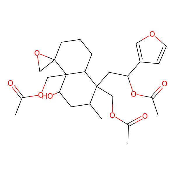 2D Structure of [1-[2-acetyloxy-2-(furan-3-yl)ethyl]-4a-(acetyloxymethyl)-4-hydroxy-2-methylspiro[3,4,6,7,8,8a-hexahydro-2H-naphthalene-5,2'-oxirane]-1-yl]methyl acetate