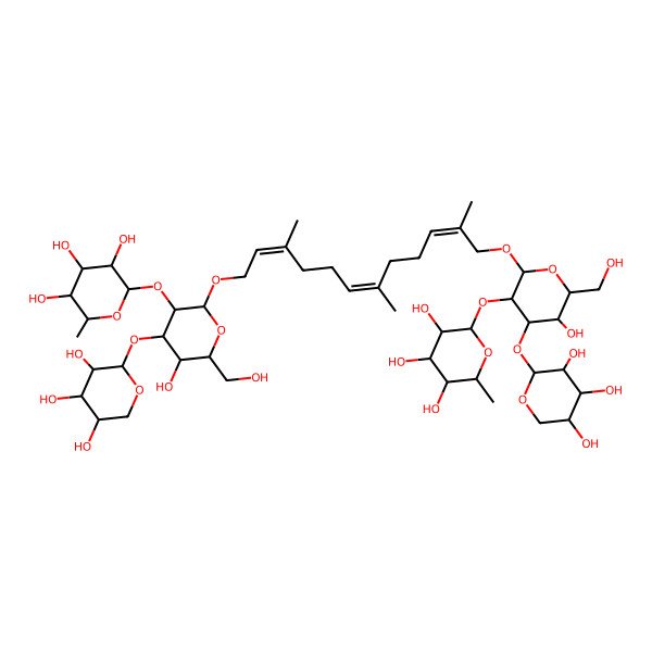 2D Structure of (2S,3R,4R,5R,6S)-2-[(2R,3R,4S,5R,6R)-5-hydroxy-2-[(2E,6E,10E)-12-[(2R,3R,4S,5R,6R)-5-hydroxy-6-(hydroxymethyl)-3-[(2S,3R,4R,5R,6S)-3,4,5-trihydroxy-6-methyloxan-2-yl]oxy-4-[(2S,3R,4S,5R)-3,4,5-trihydroxyoxan-2-yl]oxyoxan-2-yl]oxy-3,7,11-trimethyldodeca-2,6,10-trienoxy]-6-(hydroxymethyl)-4-[(2S,3R,4S,5R)-3,4,5-trihydroxyoxan-2-yl]oxyoxan-3-yl]oxy-6-methyloxane-3,4,5-triol