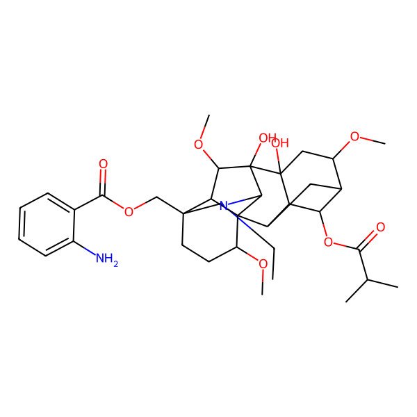 2D Structure of [(1S,2R,3R,4S,5R,6S,8R,9S,10S,13S,16S,17R,18S)-11-ethyl-8,9-dihydroxy-6,16,18-trimethoxy-4-(2-methylpropanoyloxy)-11-azahexacyclo[7.7.2.12,5.01,10.03,8.013,17]nonadecan-13-yl]methyl 2-aminobenzoate