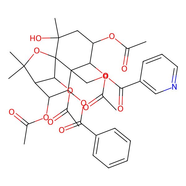 2D Structure of [(1S,2S,4S,5R,6S,7S,8S,9R,12R)-4,5,8,12-tetraacetyloxy-7-benzoyloxy-2-hydroxy-2,10,10-trimethyl-11-oxatricyclo[7.2.1.01,6]dodecan-6-yl]methyl pyridine-3-carboxylate
