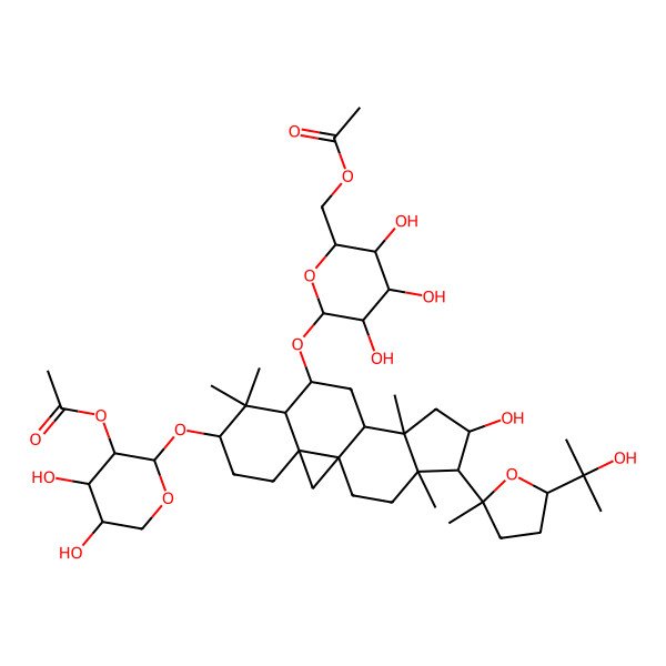 2D Structure of [(2R,3S,4S,5R,6R)-6-[[(1S,3R,6S,8R,9S,11S,12S,14S,15R,16R)-6-[(2S,3R,4S,5R)-3-acetyloxy-4,5-dihydroxyoxan-2-yl]oxy-14-hydroxy-15-[(2S,5S)-5-(2-hydroxypropan-2-yl)-2-methyloxolan-2-yl]-7,7,12,16-tetramethyl-9-pentacyclo[9.7.0.01,3.03,8.012,16]octadecanyl]oxy]-3,4,5-trihydroxyoxan-2-yl]methyl acetate