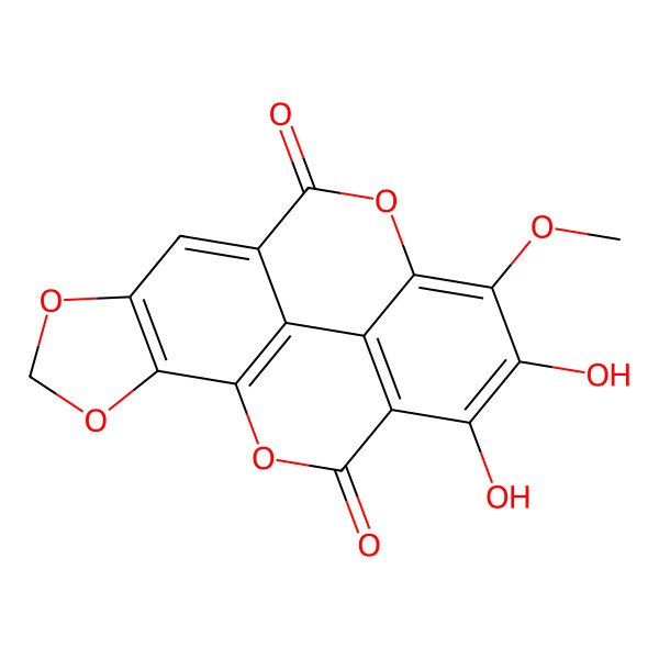 2D Structure of 13,14-Dihydroxy-12-methoxy-3,5,10,17-tetraoxapentacyclo[9.6.2.02,6.08,18.015,19]nonadeca-1(18),2(6),7,11,13,15(19)-hexaene-9,16-dione