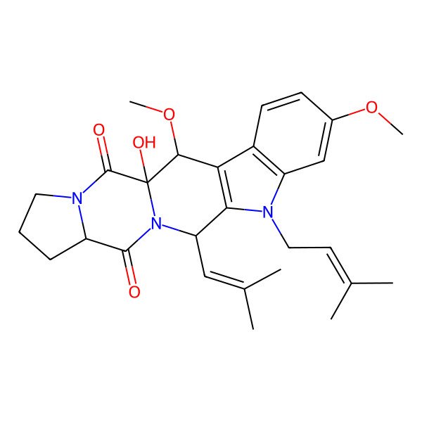2D Structure of 1-Hydroxy-2,7-dimethoxy-10-(3-methylbut-2-enyl)-12-(2-methylprop-1-enyl)-10,13,19-triazapentacyclo[11.7.0.03,11.04,9.015,19]icosa-3(11),4(9),5,7-tetraene-14,20-dione