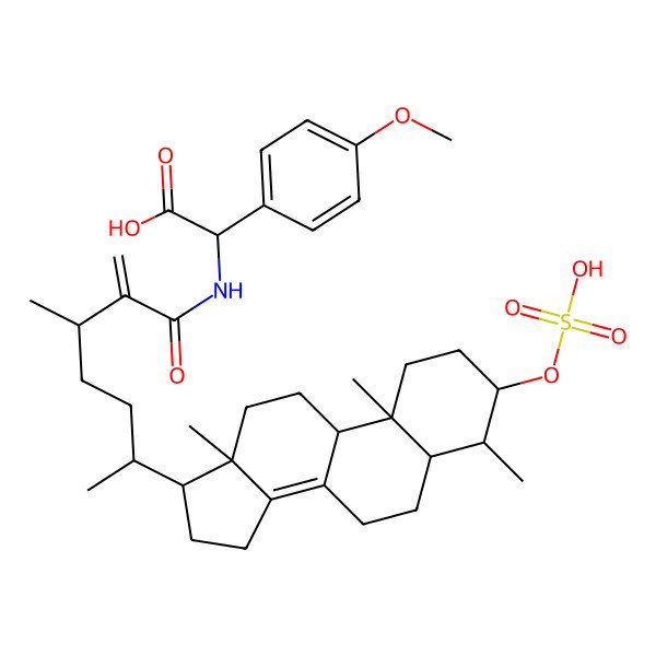 2D Structure of (2S)-2-(4-methoxyphenyl)-2-[[(3R,6R)-3-methyl-2-methylidene-6-[(3S,4S,5S,9R,10S,13R,17R)-4,10,13-trimethyl-3-sulfooxy-2,3,4,5,6,7,9,11,12,15,16,17-dodecahydro-1H-cyclopenta[a]phenanthren-17-yl]heptanoyl]amino]acetic acid