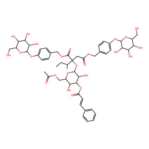2D Structure of bis[[4-[(2S,3R,4S,5S,6R)-3,4,5-trihydroxy-6-(hydroxymethyl)oxan-2-yl]oxyphenyl]methyl] (2S)-2-[(2S,3R,4S,5R,6R)-6-(acetyloxymethyl)-3,5-dihydroxy-4-[(Z)-3-phenylprop-2-enoyl]oxyoxan-2-yl]oxy-2-[(2S)-butan-2-yl]butanedioate