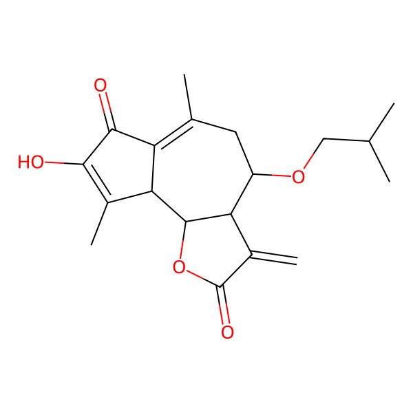 2D Structure of 8-hydroxy-6,9-dimethyl-3-methylidene-4-(2-methylpropoxy)-4,5,9a,9b-tetrahydro-3aH-azuleno[4,5-b]furan-2,7-dione