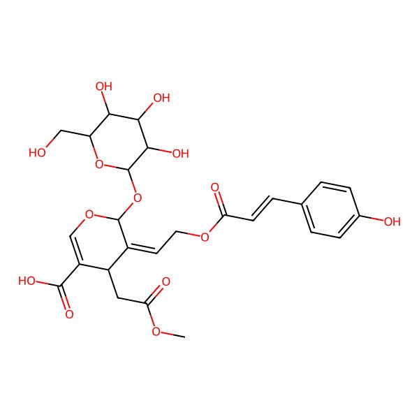 2D Structure of (4S,5E,6S)-5-[2-[(Z)-3-(4-hydroxyphenyl)prop-2-enoyl]oxyethylidene]-4-(2-methoxy-2-oxoethyl)-6-[(2S,3R,4S,5S,6R)-3,4,5-trihydroxy-6-(hydroxymethyl)oxan-2-yl]oxy-4H-pyran-3-carboxylic acid