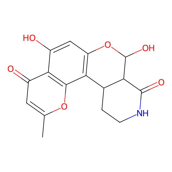 2D Structure of (12R,13R,18S)-8,12-dihydroxy-4-methyl-3,11-dioxa-15-azatetracyclo[8.8.0.02,7.013,18]octadeca-1(10),2(7),4,8-tetraene-6,14-dione